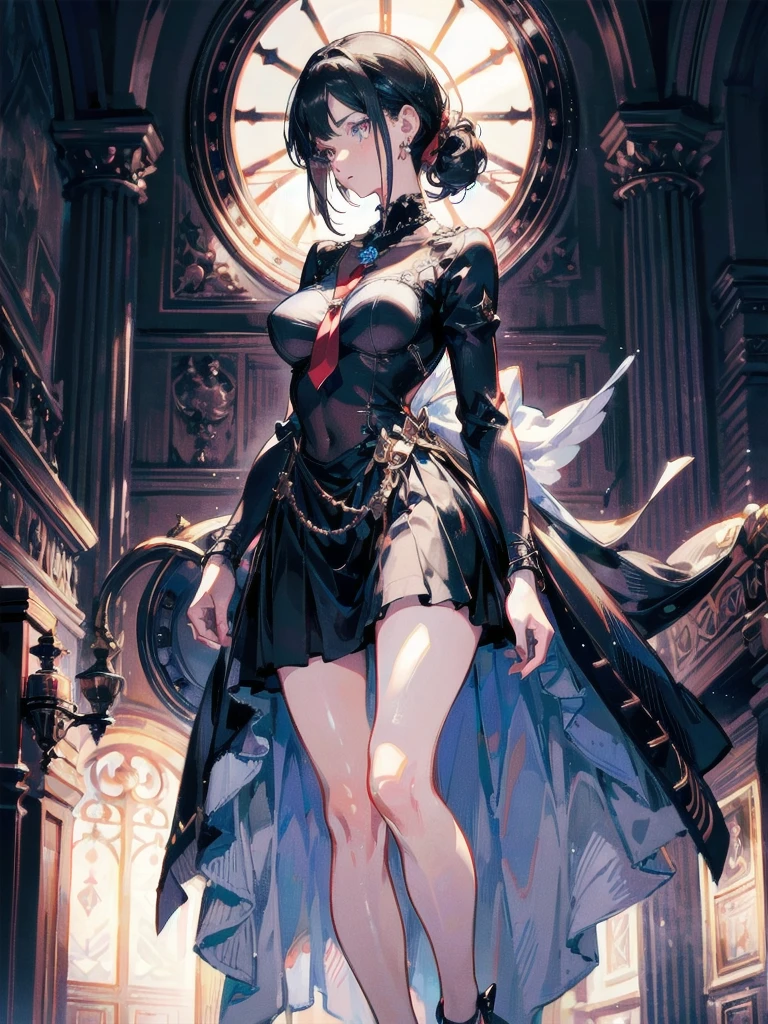 absurdres, RAW photo, extremely delicate and beautiful, masterpiece, Best Quality, ultra high resolution, 32k, hyperrealistic, ultra-detailed, perfect anatomy, anatomically correct, perfect figure, Perfect Style, Perfect balance, super Detailed skin, in her 20s, very Slim body, narrow waist, very small head, very small face, delicate facial features, handsome detailed woman, very detailed eyes and face, realistic face proportions, Realistic beautiful face, Realistic beautiful eyes, tearful mole, earring, very huge round breasts, whole body shot, whole legs, medium hair, asymmetrical hair, indoor, stockings, high heels, necklace, knitted shirt, skirt, tie, 