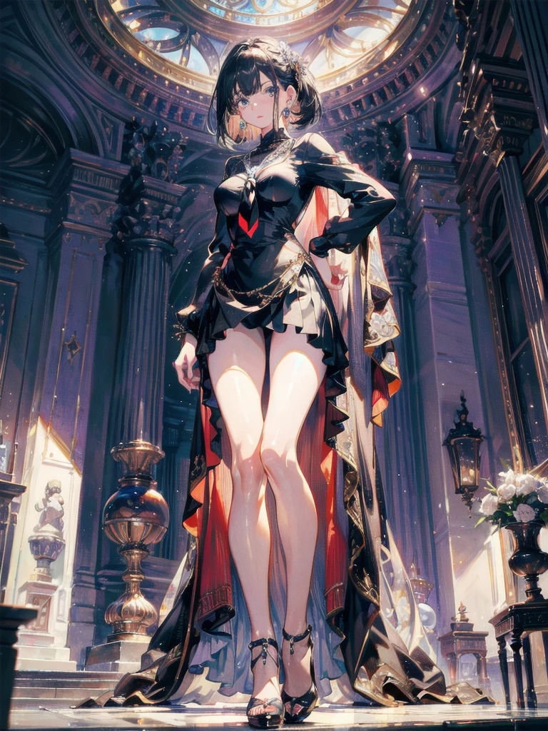 absurdres, RAW photo, extremely delicate and beautiful, masterpiece, Best Quality, ultra high resolution, 32k, hyperrealistic, ultra-detailed, perfect anatomy, anatomically correct, perfect figure, Perfect Style, Perfect balance, super Detailed skin, in her 20s, very Slim body, narrow waist, very small head, very small face, delicate facial features, handsome detailed woman, very detailed eyes and face, realistic face proportions, Realistic beautiful face, Realistic beautiful eyes, tearful mole, earring, very huge round breasts, whole body shot, whole legs, medium hair, asymmetrical hair, indoor, stockings, high heels, necklace, knitted shirt, skirt, tie,