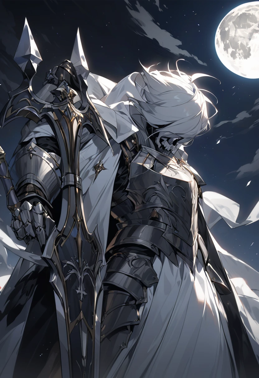 a man with a silver skull covering his entire face and head, wearing medieval Templar-style armor painted white, resting an enormously long sword on his shoulder, holding the handle with his right hand, all this while night reigns and the moon can be seen in the background of the image