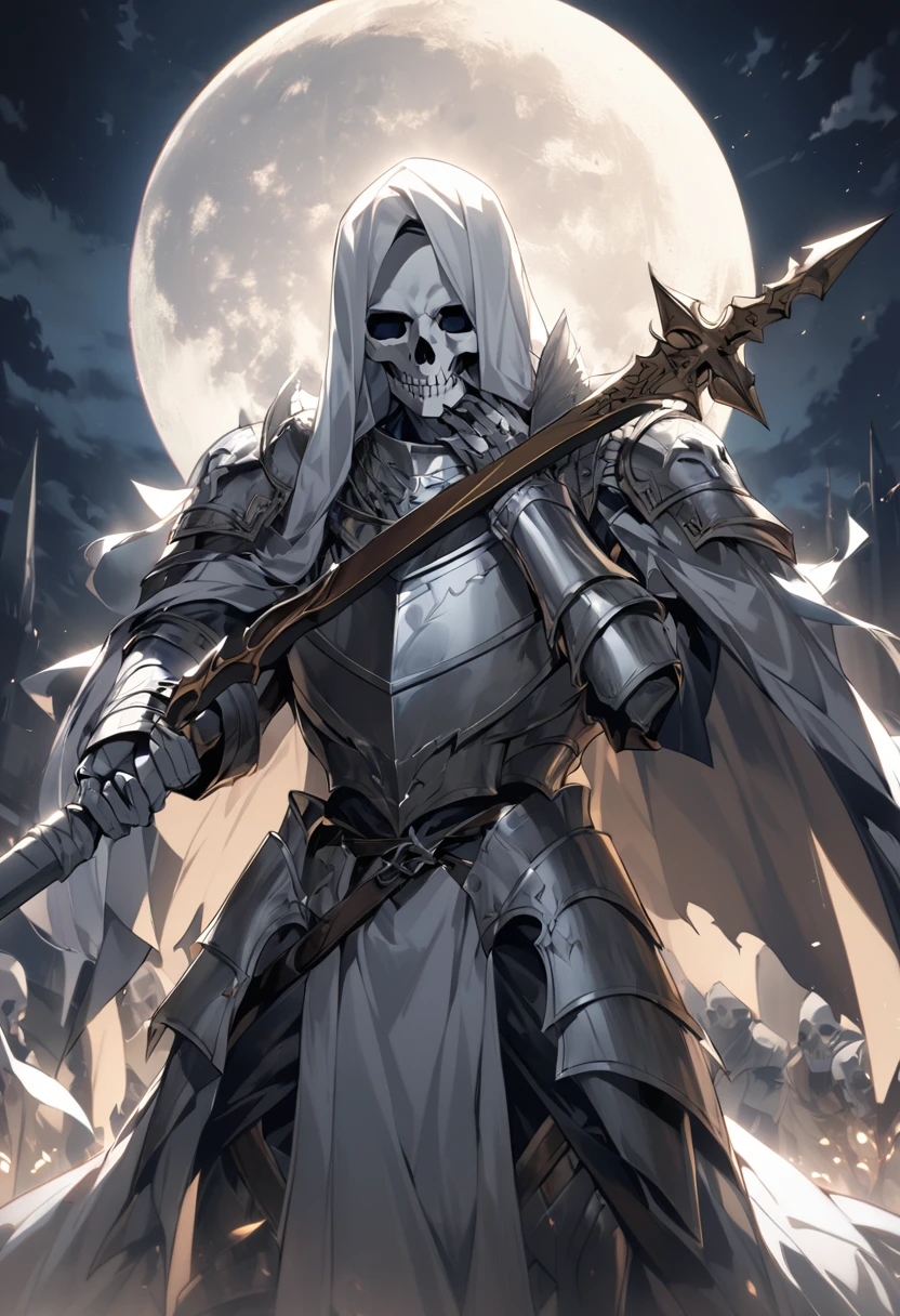 a man with a silver skull covering his entire face and head, wearing medieval Templar-style armor painted white, resting an enormously long sword on his shoulder, holding the handle with his right hand, all this while night reigns and the moon can be seen in the background of the image
