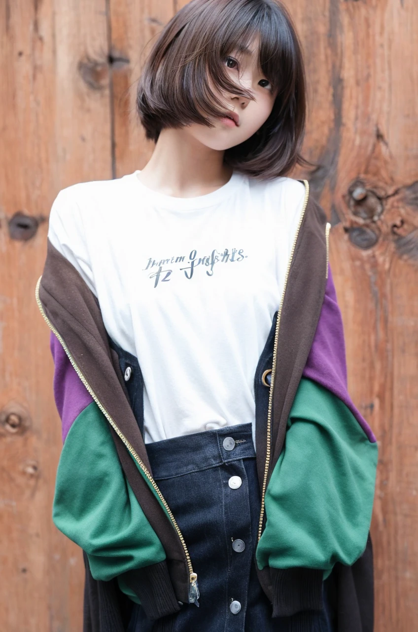 18 year old Japanese girl, very cute fashion model. Her hair color is dyed to match the fashion, and her hairstyle is Short. The photo style is cinematic, with soft natural lighting to enhance the natural look. The background is a white wall. --ar 2:3 --style raw --v 6.0