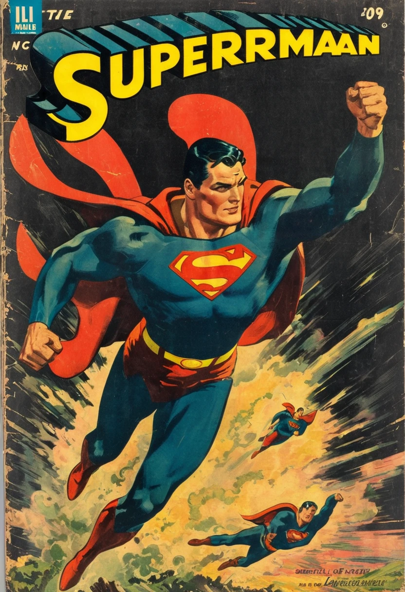 Superman flying, Vintage comic book cover of "Superman".