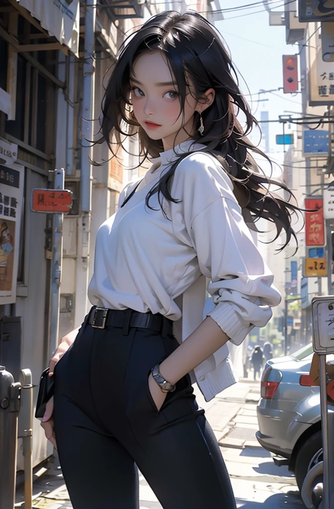 Photo of a beautiful woman standing on a street corner, Perfect model body shape, Stylish pants style, Colorful purple shirt, Stylish hats, Very stylish, Fashion Model, with influence of Jeremy Mann, Jeremy Mann, style of Jeremy Mann, Jeremy Mann painting, Jeremy Mann art, Ron Hicks, Liepke, Jeremy Mann and alphonse mucha, Works that influenced Edmund Blampidt, Robert Lenkiewicz, Casey Bo and James Jean, Works that influenced Willem Kalf, Nick Alm, tumbler, Figurative art, Intense watercolor, Watercolor detailed art,Beautiful and expressive paintings, Beautiful artwork illustration, wonderful, Cool Beauty, masterpiece, Highest quality, Official Art, Perfect composition, The perfect angle, Best Shot, Perfect subject, women only, Sharp contours, romantic, Sulky, Very beautiful and detailed, Beautiful and delicate eyes, Ideal animation, sentimental,Hongkong, close