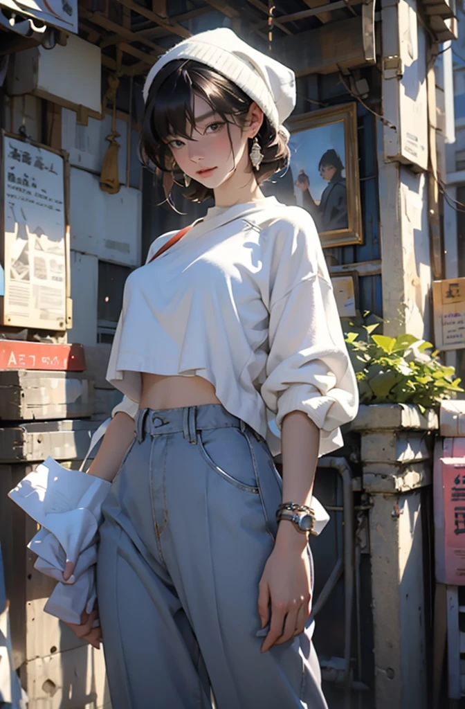 Photo of a beautiful woman standing on a street corner, Perfect model body shape, Stylish pants style, Colorful purple shirt, Stylish hats, Very stylish, Fashion Model, with influence of Jeremy Mann, Jeremy Mann, style of Jeremy Mann, Jeremy Mann painting, Jeremy Mann art, Ron Hicks, Liepke, Jeremy Mann and alphonse mucha, Works that influenced Edmund Blampidt, Robert Lenkiewicz, Casey Bo and James Jean, Works that influenced Willem Kalf, Nick Alm, tumbler, Figurative art, Intense watercolor, Watercolor detailed art,Beautiful and expressive paintings, Beautiful artwork illustration, wonderful, Cool Beauty, masterpiece, Highest quality, Official Art, Perfect composition, The perfect angle, Best Shot, Perfect subject, women only, Sharp contours, romantic, Sulky, Very beautiful and detailed, Beautiful and delicate eyes, Ideal animation, sentimental,Hongkong, close