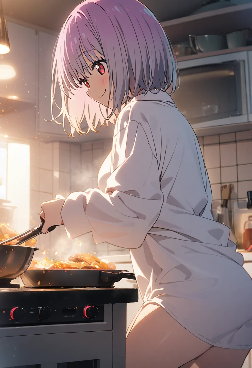 1girl, shinjou akane, gridman universe, naked shirt,big white shirt,sleeve past hands,cooking in the kitchen,in the cooking,smile,soft lighting, pastel colors, scene,masterpiece, best quality, absurdres,angle from behind