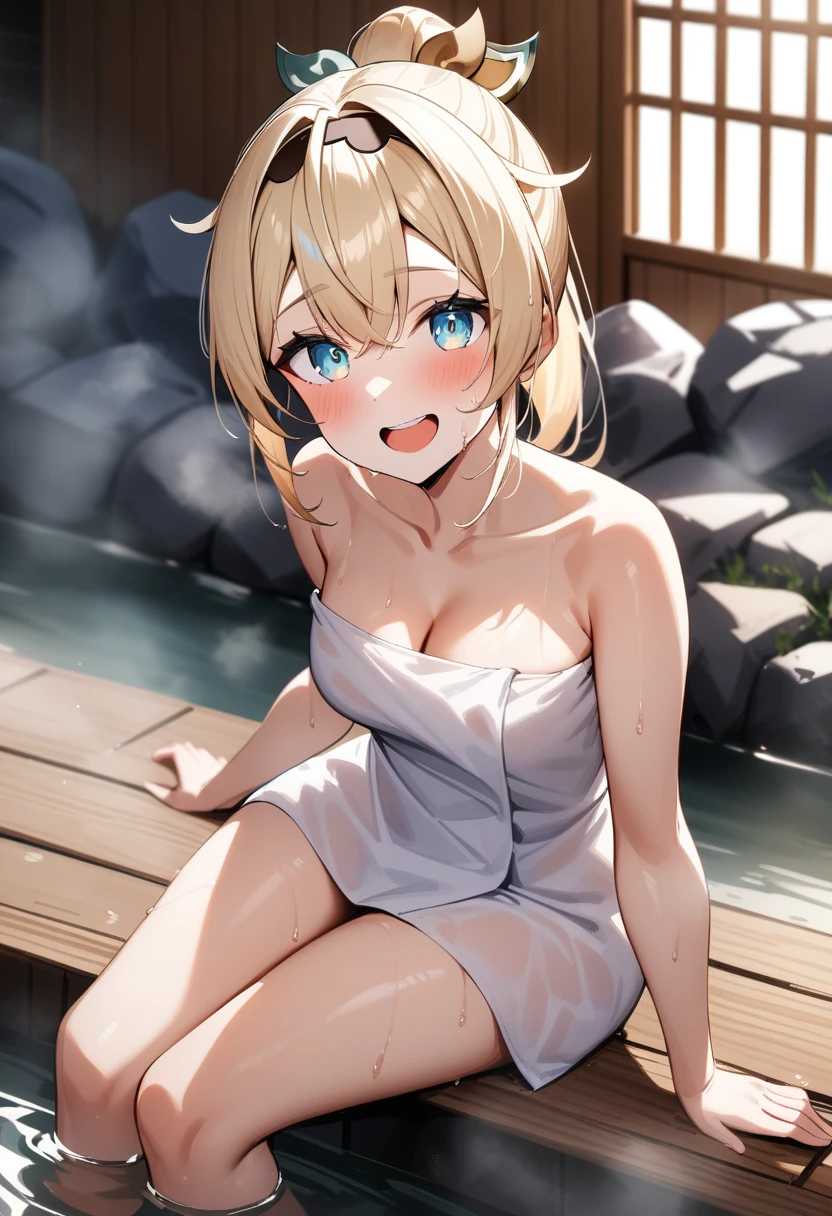 masterpiece, best quality, very aesthetic, absurdres, 1girl, sensitive, kazama iroha, hololive, looking at viewer, ponytail, blonde hair, bangs, eyebrows, blue eyes, small breasts, cleavage, naked towel, soaking feet, open mouth, smile, wet, steam, onsen