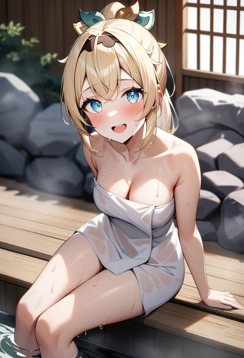 score_9, score_8_up, score_7_up, ymir fritz,1girl, solo, hairband, blonde hair, bangs, medium hair,shaded face,white dress, short sleeves, room,looking down,  bathing, towel, medium breasts, nipples, navel, bath, steam, mist, lying, eyes closed, arms behind head,