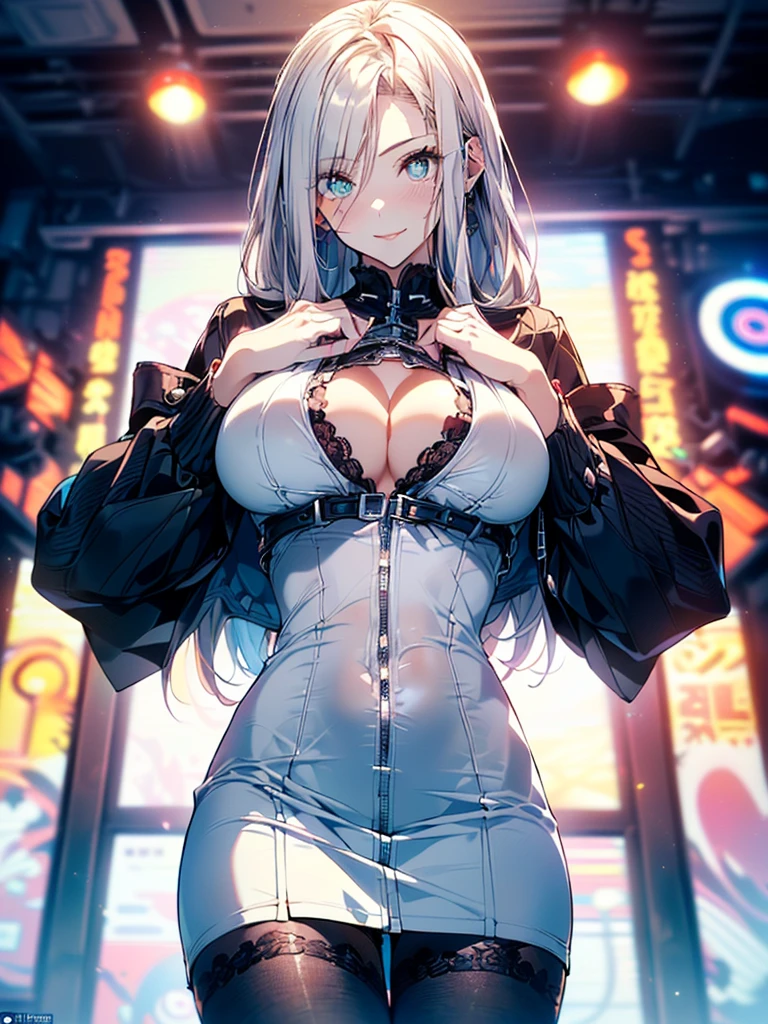 ((A young woman wears a sexy white dress:1.3, cable cardigan:1.3, close-up of chest:1.37, sexually seductive:1.3)), Mature woman with long hair and white dress, white military uniform, red ribbon, Knee-length boots, green eyes, White hair, green inside, full body, great details, beautiful anime illustrations, 26 years old, Take a break, ((milf:1.5, alone:1.5)), (NRF:1.25), (Sagging breasts, refuge chest, big , Thin waist, big ass:1.2), Increase sexiness, (Ultra high resolution, ภาพถ่าย RAW 8k, Realistic picture, Thin outline:1.3, Focus clearly, best quality, natural light, Textile shading, clear background, depth of field, (Bright pupils:1.2, Beautiful, detailed eyes with highlights.:1.3, Highly detailed eyes, Highly detailed face), red lips, Good realistic skin:1.1, look at the audience:1.3, (Dynamic angle:1.3, Focus Target:1.3, from below:1.4), (Many poses:0.0, sexy pose:1.3, นั่ง with opening legs shaped M:1.5), (charming, Smile sexy too.:1.4), The picture in the middle:0.2, (Wearing a long blue coat, translucent lace stockings), (((correct anatomy:1.5))), ((perfect hand:1.5, Ideal body proportions:1.37))