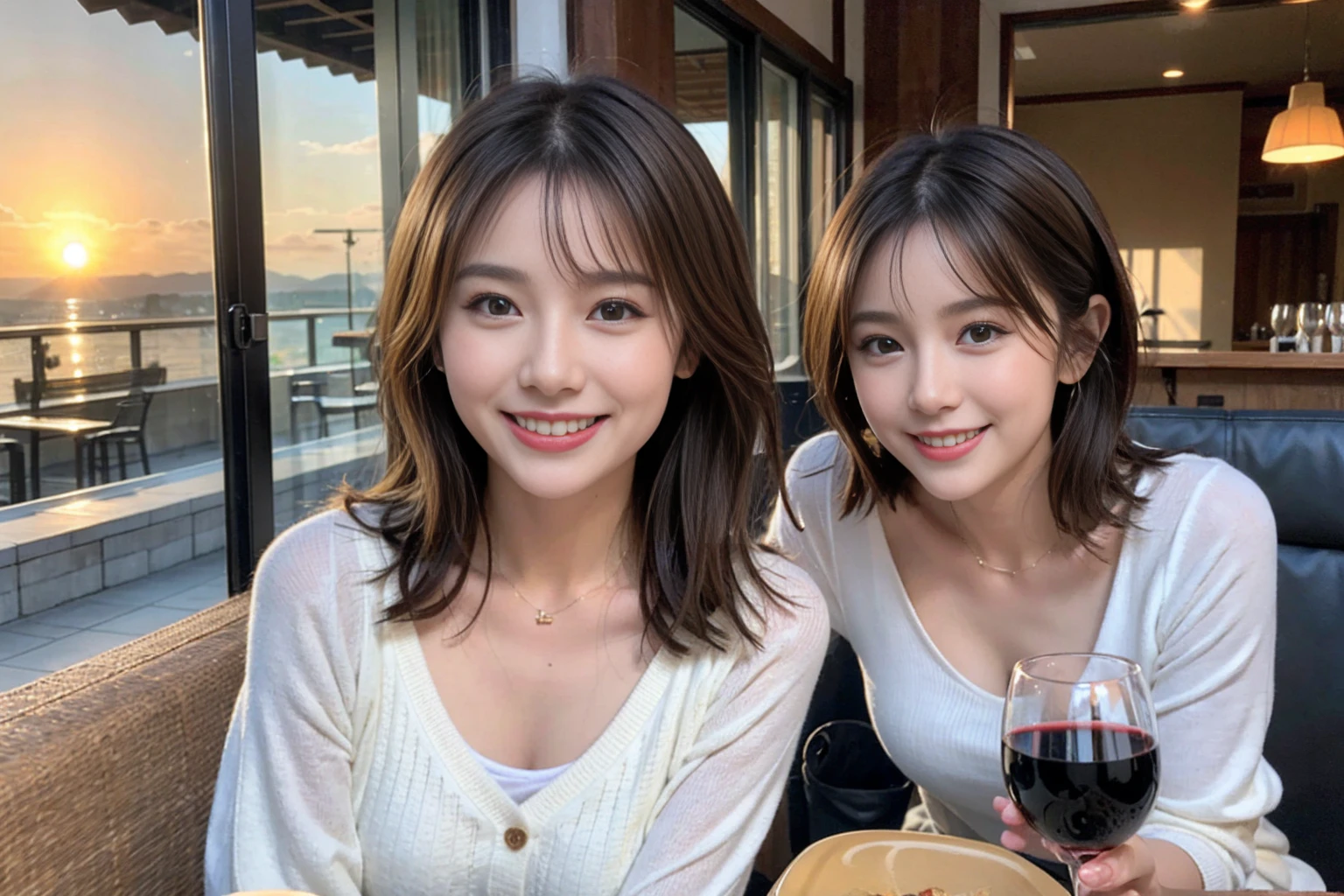 （Realistic:1.1）,(masterpiece,Highest quality)，8k,(44 years old), 42 years old, slimカップル、Model Couple、actress/actor、Tight waist,Upper Body,full-course dinner、wine 、Amazing view of the sunset sky and clouds、Perfect Anatomy, Brown Hair, short hair,Random Hairstyles,((Highly detailed face and eyes:1.2))(cute顔:1.4)，美しいactressの顔，Perfect golden ratio face，Long sleeve shirt、dress,(smile:1.2)、Shortcuts、cute、(Realistic, Intricate details:1.2), A bright smile、short hair,Bright Face、赤wine 、Appetizers、Italian food、wine bottle、Champagne、スパークリングwine、(slimな顔), (The body is slim), (Brown Hair), (Shortcuts),  Upper Body, 白wine, slim, wineグラス, 