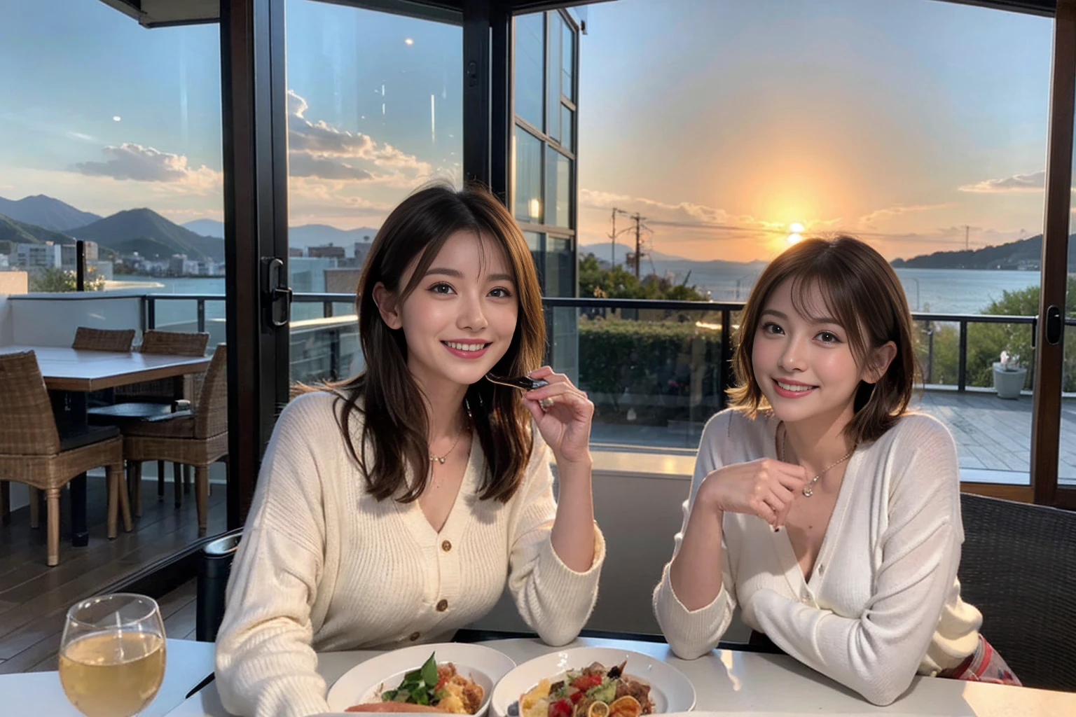 (Realistic:1.1),(masterpiece,Highest quality),8k,(44 years old), 42 years old, slimカップル、Model Couple、actress/actor、Tight waist,Upper Body,full-course dinner、wine 、Amazing view of the sunset sky and clouds、Perfect Anatomy, Brown Hair, short hair,Random Hairstyles,((Highly detailed face and eyes:1.2))(cute顔:1.4),美しいactressの顔,Perfect golden ratio face,Long sleeve shirt、dress,(smile:1.2)、Shortcuts、cute、(Realistic, Intricate details:1.2), A bright smile、short hair,Bright Face、赤wine 、Appetizers、Italian food、wine bottle、Champagne、スパークリングwine、(slimな顔), (The body is slim), (Brown Hair), (Shortcuts), Upper Body, 白wine, slim, wineグラス,