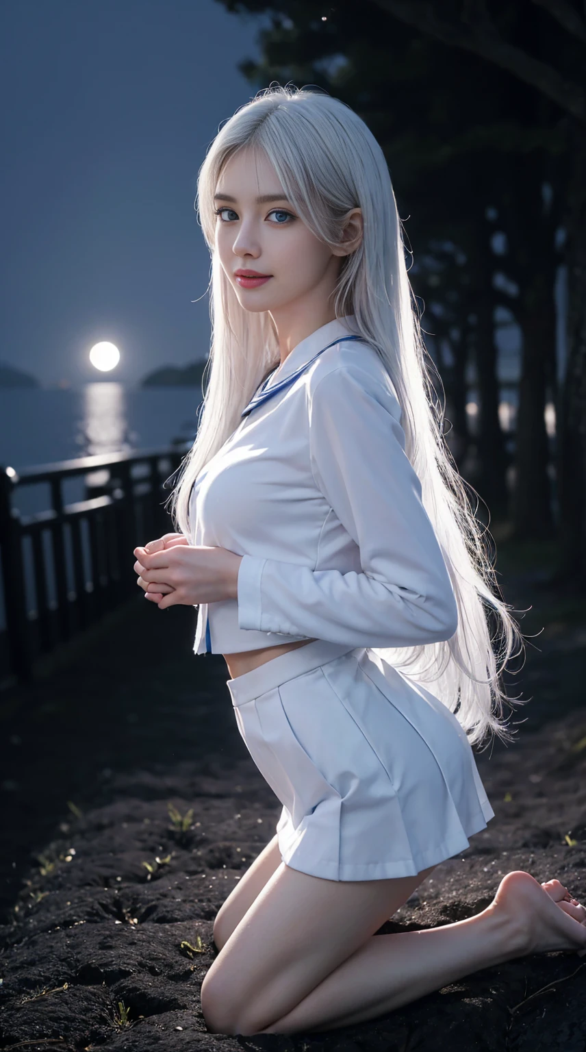 8K, Top Quality, Intricate Details, Ultra Detail, Ultra High Resolution, Masterpiece, random angle,  Slender, Smile, (Makeup: 0.4), (Fluffy Blue Eyes: 1.21), blue Eyes, looking at viewer, ((full body)), 1girl, solo, 1 girl, (( full body)), close up shot, , ((tall)), (((fit body))), (((slim face))), sharp face, sharp eyes, (((white hair, long hair )) , (detailed face), sharp face, small lips, 
 ((())), ((japanese school uniform)),  detailed face, detailed breast, , large breast, detail ass, , Beautiful girl with accentuated slender abs: 1.4, Six Pack Abs: 1.4, Bust Botox, Big, Perfect Body, detail leg, (( moonlight)),