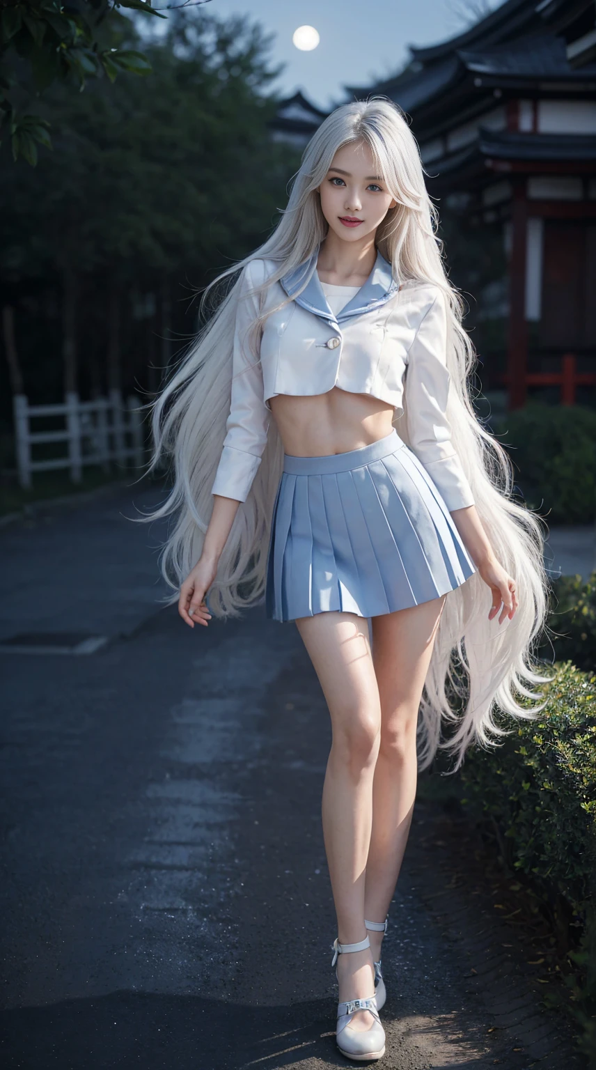 8K, Top Quality, Intricate Details, Ultra Detail, Ultra High Resolution, Masterpiece, random angle, Slender, Smile, (Makeup: 0.4), (Fluffy Blue Eyes: 1.21), blue Eyes, looking at viewer, ((full body)), 1girl, solo, 1 girl, (( full body)), close up shot, , ((tall)), (((fit body))), (((slim face))), sharp face, sharp eyes, (((white hair, long hair )) , (detailed face), sharp face, small lips,
((())), ((japanese school uniform)), detailed face, detailed breast, , large breast, detail ass, , Beautiful girl with accentuated slender abs: 1.4, Six Pack Abs: 1.4, Bust Botox, Big, Perfect Body, detail leg, (( moonlight)),
