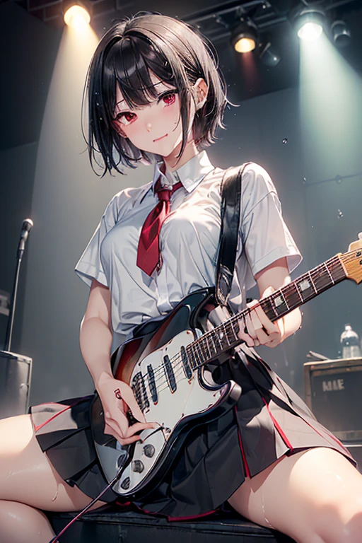(((NSFW)))、((Masterpiece, Highest quality、Super detailed, Attention to detail))、Tabletop、girl、((high school girl、Black Hair、Short Hair、Slit eyes、Red Eyes、eight-headed body、Model-like style、Slender、School uniforms))、(White Shirt、Black Skirt、Black knee-high socks、Black Loafers)、Silver earringultiple silver accessories、Silver Ring、Silver Ring、bandギャル、(((Red electric guitar)))、(((liveハウス、live、band、Dim lighting)))、(((Straddling the guitar)))、((live中、Playing the guitar、In front of the audience))、((No bra、No underwear))、(((Sweating a lot、Sweat dripping、Sweat vapor)))、(((Body odor)))、((Sweaty smell、Clothes get wet、Sweat stains))、((((Love juice overflows from the vagina))))、((Angle from below、I can see the vagina))、((Skirt flipped up))、smile、(((Put your finger in your vagina)))