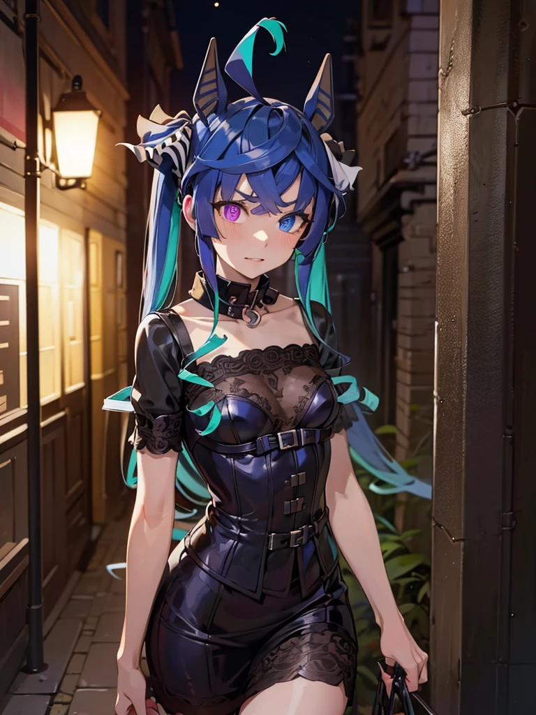 (Masterpiece, best quality, high res、highly detailed cg: 1), ‘Looking for a hooker?’ and a prostitute invites a man to join her. The scene is dominated by a prostitute touting on a quiet, deserted street at night. She is flirtatious with an upward glance. Twin_Turbo_Umamusume, aqua hair, twintails, heterochromia, purple eyes, blue eyes, sharp teeth, nsfw, short stature,  prostitute clothing, small breasts