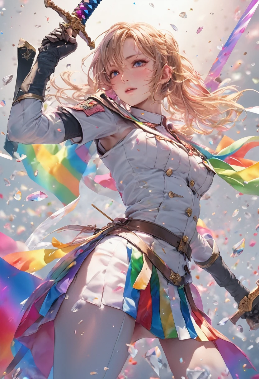 Beauty、Military Uniform Cosplay、Rainbow Colors、Image of crystal、Shining Holy Sword、Jump、attack、Swinging the Sword、Vibrant、whole body、Game Characters、High resolution, Winner of numerous awards, Highest quality, Anatomically correct, accurate, masterpiece, 男性が好きなBeauty