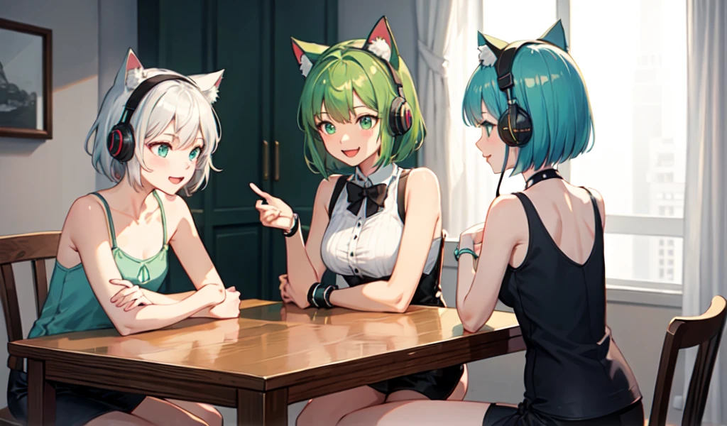((Tabletop)), ((Highest quality)), In 8K, detailed, 非常にdetailedな, detailedかつ複雑, One Girl, Light blue and green hair, Bobcut, Cat ears,Headphones, Laughter,Jersey, On a chair, Afternoon room
