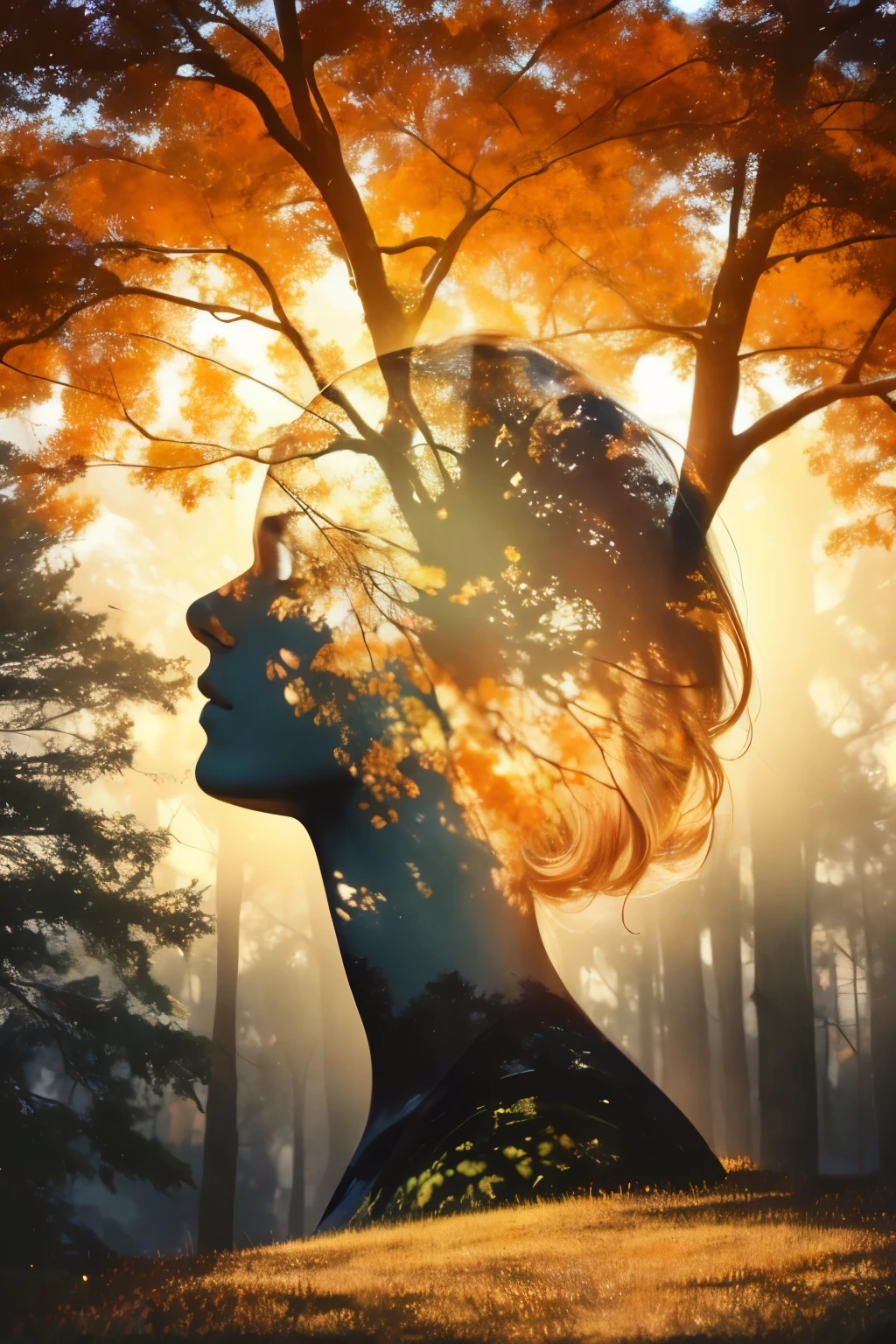 Dark and neutral background, The human head is emphasized, Showing calm and peaceful characteristics. Close your eyes and be in a deep meditative state, A soft glow emanates from within, Illuminating a tree-shaped brain. Amber Tones, orange, And the gold color permeates the image., Increase brightness. Realistic skin texture, hair, The wood gives it a realistic look. Accurate lighting and shadows add depth to your images, Bright, contrasting colors enhance the visual effect. Brush strokes and digital textures add an artistic touch to the tranquil scene. The overall configuration is、It conveys a sense of calm and tension.。