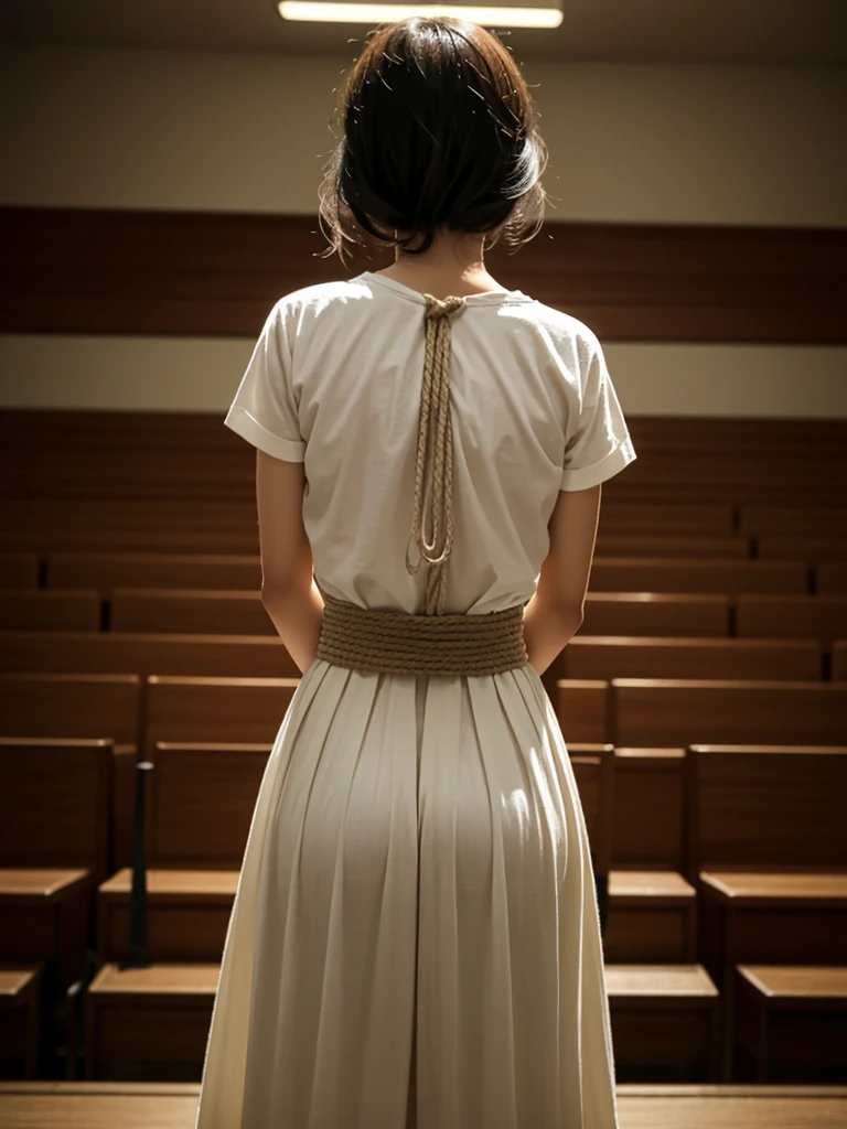 Woman tied up with rope、Hands tied behind back、bondage、beauty、２５talent、Browsing Caution、Well-balancedプロポーションの体格、Balanced Eyes、Well-balanced足;、Small breasts、Small Ass、Wearing a short-sleeved shirt、Wear a long skirt、Audienceを見る、Put your hands behind your back、Put your wrists together、Arms wrapped around the back、Tying over clothes、 Well-balanced, Tie your wrists、Bound breasts、Standing in a beautiful room、Audience&#39;View from directly behind、as in real life、Highest quality、