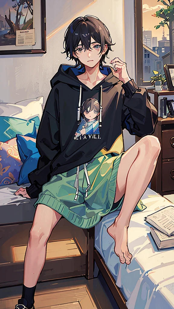 (Highest quality)), ((masterpiece)), (detailed),The background is the bedroom、Dog-eared man、A man around 35 years old、A man with waist-length black hair tied back、Wearing a loose hoodie,Eye color is a calm blue、Location: Bedroom