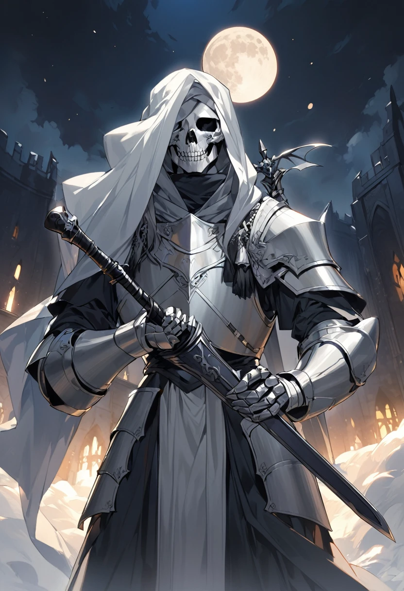 Male Dark metal skull knight with golden laurels on his Catholic head a wind of snow