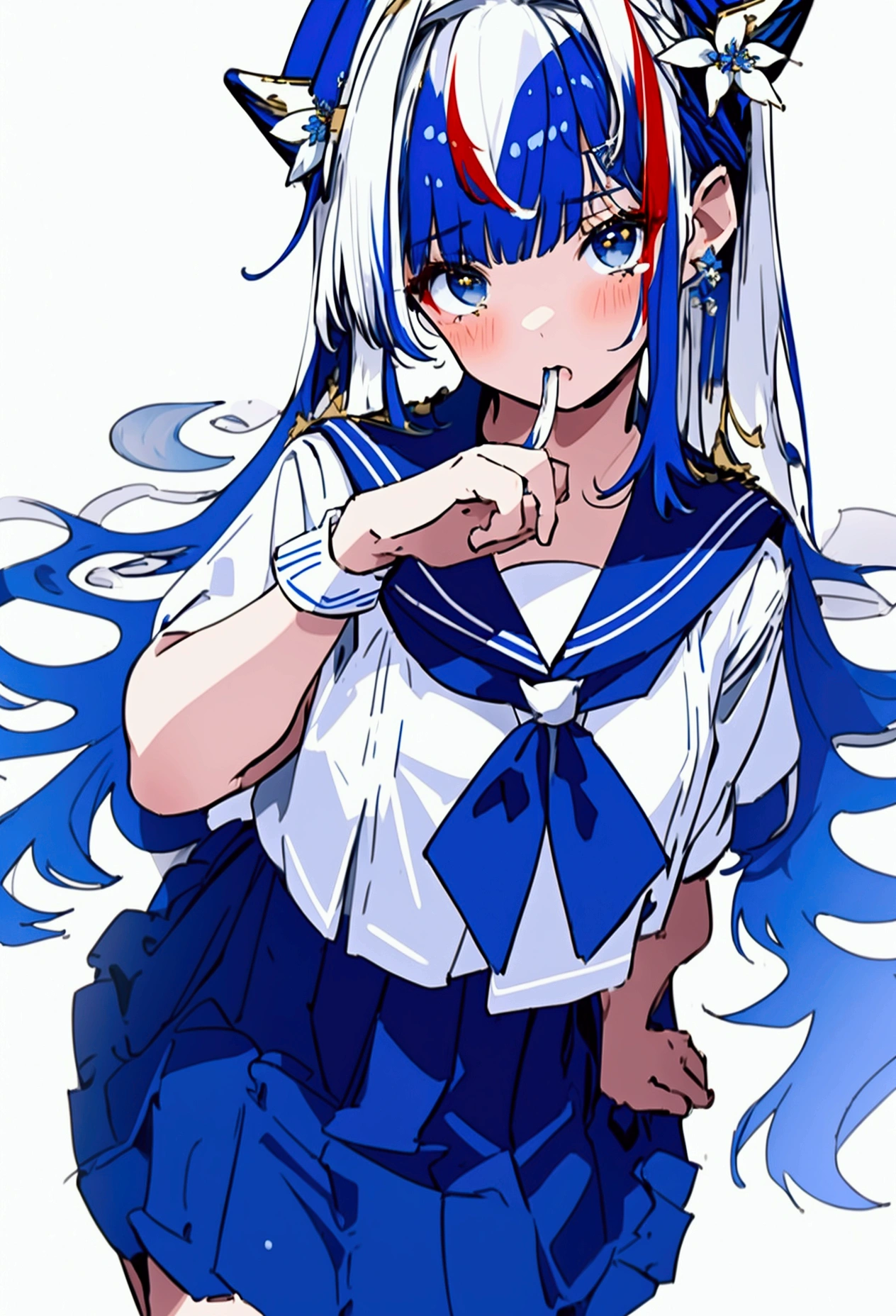 masterpiece++, Best Quality++, ultra-definition++, ultra-definition++, rey tracing, 4K or more++, 8K or more++, Slight details, (Background Focus )++,Young woman with golden laurel wreath, (((Ultramarine hair))), (((White dip dyed hair))), (((red streaked hair))),sailor,Sailor collar,White shirt, skirt by the,anchor,