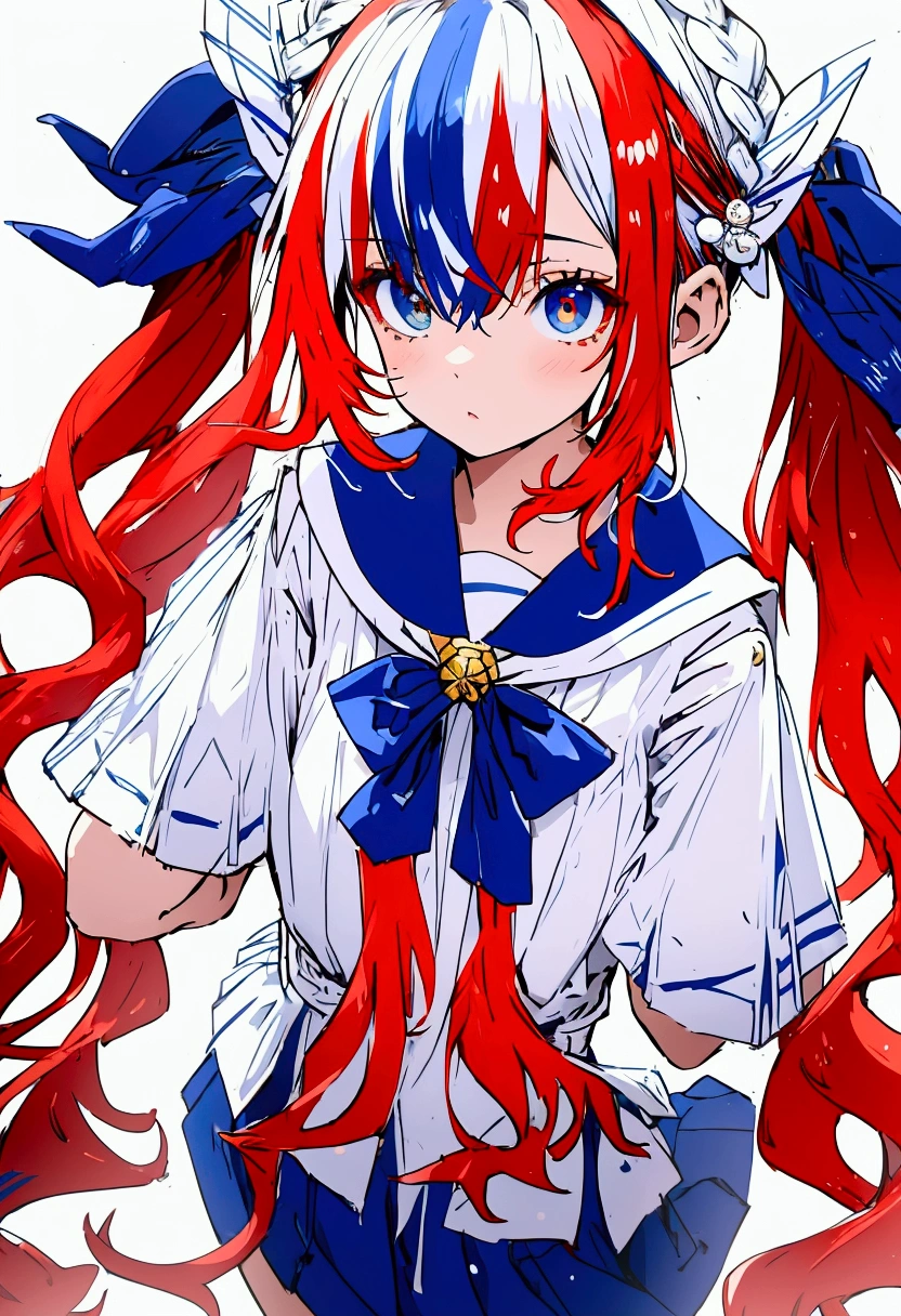 masterpiece++, Best Quality++, ultra-definition++, ultra-definition++, rey tracing, 4K or more++, 8K or more++, Slight details, (Background Focus )++,Young woman with golden laurel wreath, (((Ultramarine hair))), (((White dip dyed hair))), (((red streaked hair))),sailor,Sailor collar,White shirt, skirt by the,anchor,