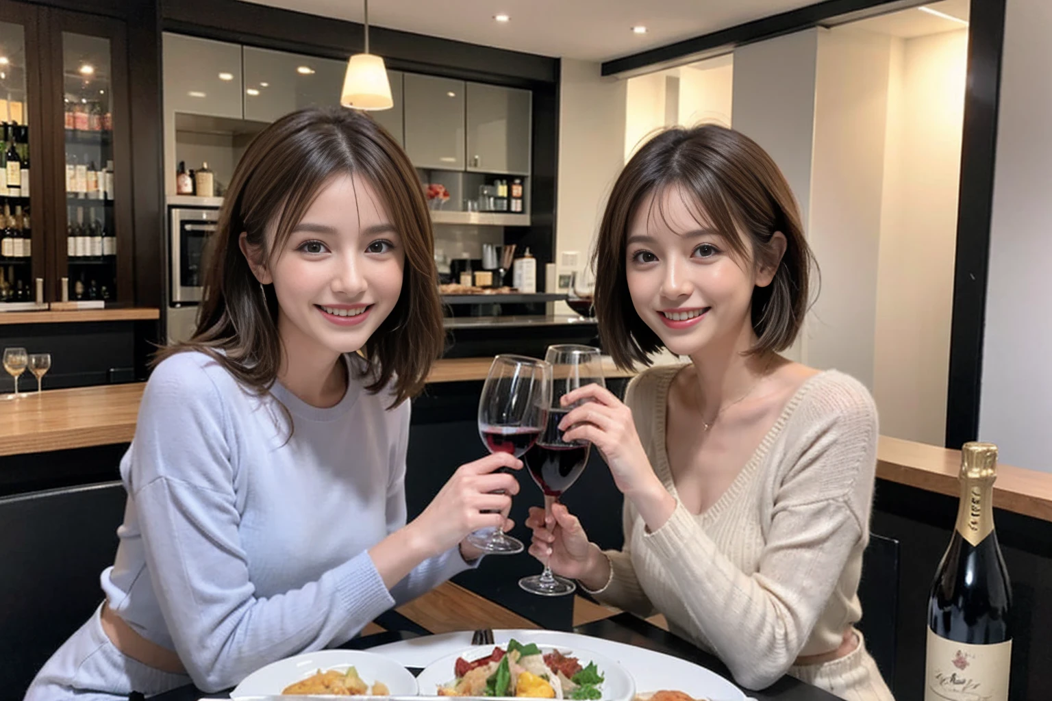 (Realistic:1.1),(masterpiece,Highest quality),8k,(44 years old), 42 years old, slimカップル、Model Couple、actress/actor、Tight waist,Upper Body,full-course dinner、wine 、Amazing view of the sunset sky and clouds、Perfect Anatomy, Brown Hair, short hair,Random Hairstyles,((Highly detailed face and eyes:1.2))(cute顔:1.4),美しいactressの顔,Perfect golden ratio face,Long sleeve shirt、dress,(smile:1.2)、Shortcuts、cute、(Realistic, Intricate details:1.2), A bright smile、short hair,Bright Face、赤wine 、Appetizers、Italian food、wine bottle、Champagne、スパークリングwine、(slimな顔), (The body is slim), (Brown Hair), (Shortcuts), Upper Body, 白wine, slim, wineグラス,