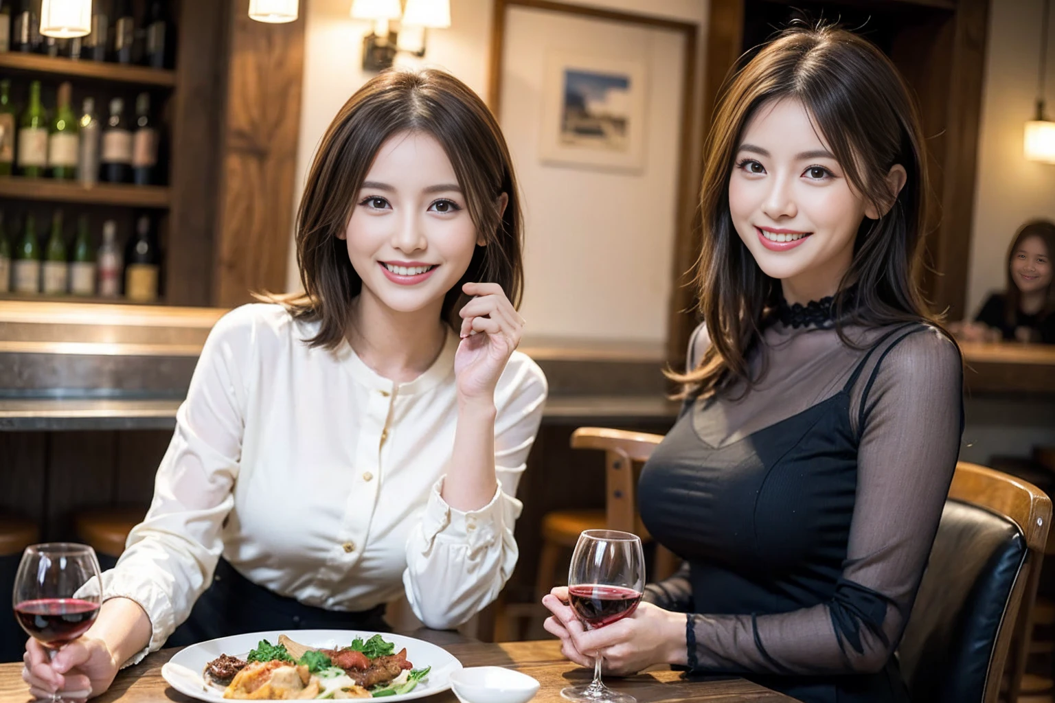 (Realistic:1.1),(masterpiece,Highest quality),8k,(44 years old), 42 years old, slimカップル、Model Couple、actress/actor、Tight waist,Upper Body,full-course dinner、wine 、Amazing view of the sunset sky and clouds、Perfect Anatomy, Brown Hair, short hair,Random Hairstyles,((Highly detailed face and eyes:1.2))(cute顔:1.4),美しいactressの顔,Perfect golden ratio face,Long sleeve shirt、dress,(smile:1.2)、Shortcuts、cute、(Realistic, Intricate details:1.2), A bright smile、short hair,Bright Face、赤wine 、Appetizers、Italian food、wine bottle、Champagne、スパークリングwine、(slimな顔), (The body is slim), (Brown Hair), (Shortcuts), Upper Body, 白wine, slim, wineグラス,