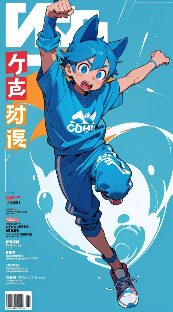 A bright blue dog-themed character, Wearing big sneakers, サイバーパンク, Magazine Cover, Simple Background, Running around, boy, raised fist, projected inset, UHD, best quality, highres, 8k