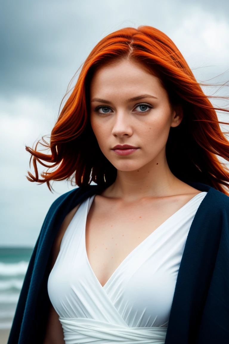 jedi woman, Red hair, blue eyes, Whole body, very detailed skin, skin pores, cost line, cloudy weather, wind, Waves, 8k hd, DSLR, Soft lighting, high quality, film grain, Fujifilm XT3