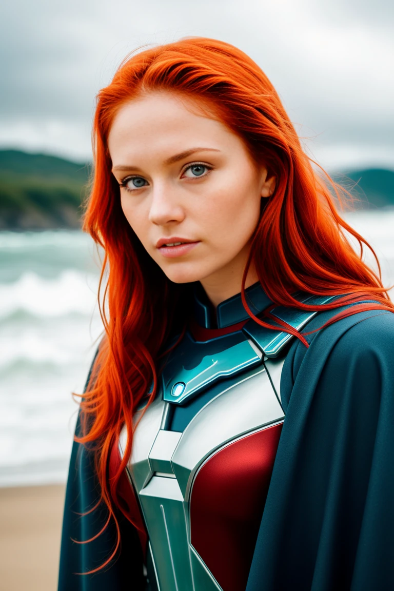 jedi woman, Red hair, blue eyes, Whole body, very detailed skin, skin pores, cost line, cloudy weather, wind, Waves, 8k hd, DSLR, Soft lighting, high quality, film grain, Fujifilm XT3