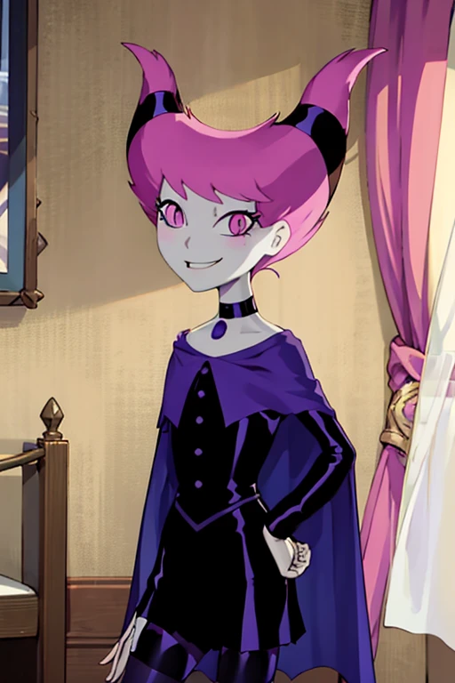 ((masterpiece,best quality)), absurdres, Jinx_TeenTitans,   1girl, solo, pink eyes, pink hair, grey skin, hair up, pale skin, medium hair, hair horns, choker, striped pantyhose, cape, black dress, jewelry,  solo, smiling, looking at viewer, cowboy shot, bedroom, sitting, sexy pose