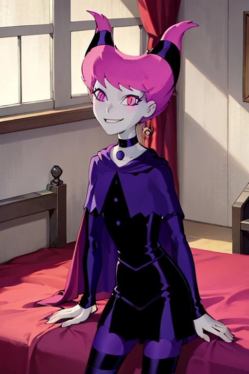 ((masterpiece,best quality)), absurdres, Jinx_TeenTitans,   1girl, solo, pink eyes, pink hair, grey skin, hair up, pale skin, medium hair, hair horns, choker, striped pantyhose, cape, black dress, jewelry,  solo, smiling, looking at viewer, cowboy shot, bedroom, sitting, sexy pose