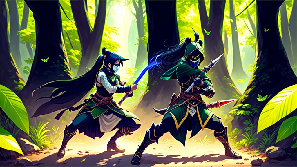 Setting:
Location: Ionia, in the heart of a lush and mystical forest, filled with tall trees with dense foliage and exotic flowers. Sunlight rays penetrate the tree canopy, creating a serene yet mysterious atmosphere. In the background, tall and majestic mountains can be seen, shrouded in a light mist.
Characters:
Akali:
Appearance: Akali, the Rogue Assassin, is dressed in her classic ninja outfit. Her mask partially covers her face, leaving only her intensely green eyes visible. Her hair is long and black, tied up in a high ponytail.
Posture and Action: She is in an attacking stance, slightly leaning forward with a kunai in each hand. Her muscles are tensed, showcasing her readiness and combat skills. Her eyes are fixed on Shen, showing focus and determination.
Shen:
Appearance: Shen, the Eye of Twilight, is in his traditional ninja armor, which is predominantly blue and silver. His mask covers his entire face except for his piercing eyes.
Posture and Action: He is in a defensive stance, with one hand holding his Spirit Blade and the other hand open, ready to block or counterattack. His expression is calm and controlled, reflecting his experience and discipline.
Interaction:
Akali and Shen are in the midst of an intense hand-to-hand combat training session. Akali is attacking with agility and precision, while Shen is defending masterfully and calmly.
They are surrounded by an improvised training ground, with marks on the ground showing the wear and tear of previous fights. Rocks and tree trunks around the field display cuts and marks from strikes.
Environment:
Additional Details: Around them, the vegetation is rich and varied, with small Ionian creatures curiously watching the fight. Bright butterflies flutter around, adding a touch of beauty to the scene.
Atmosphere: The scene is illuminated by a soft, golden sunlight, creating dramatic shadows and highlighting the ninjas' agile movements. The gentle sound of a nearby stream and the singing of Ionian birds