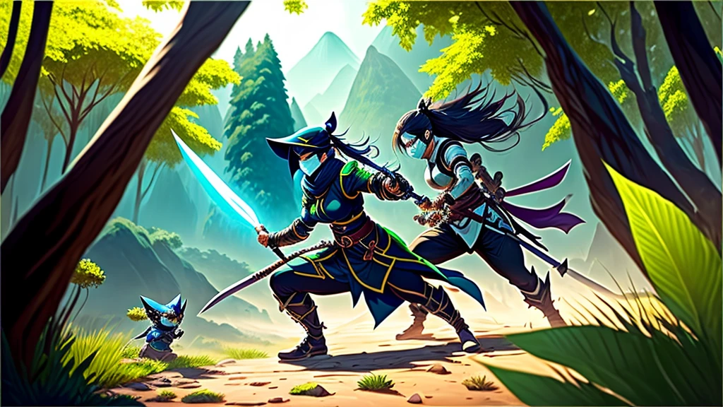 Setting:

Location: Ionia, in the heart of a lush and mystical forest, filled with tall trees with dense foliage and exotic flowers. Sunlight rays penetrate the tree canopy, creating a serene yet mysterious atmosphere. In the background, tall and majestic mountains can be seen, shrouded in a light mist.

Characters:

Akali:

Appearance: Akali, the Rogue Assassin, is dressed in her classic ninja outfit. Her mask partially covers her face, leaving only her intensely green eyes visible. Her hair is long and black, tied up in a high ponytail.
Posture and Action: She is in an attacking stance, slightly leaning forward with a kunai in each hand. Her muscles are tensed, showcasing her readiness and combat skills. Her eyes are fixed on Shen, showing focus and determination.
Shen:

Appearance: Shen, the Eye of Twilight, is in his traditional ninja armor, which is predominantly blue and silver. His mask covers his entire face except for his piercing eyes.
Posture and Action: He is in a defensive stance, with one hand holding his Spirit Blade and the other hand open, ready to block or counterattack. His expression is calm and controlled, reflecting his experience and discipline.
Interaction:

Akali and Shen are in the midst of an intense hand-to-hand combat training session. Akali is attacking with agility and precision, while Shen is defending masterfully and calmly.
They are surrounded by an improvised training ground, with marks on the ground showing the wear and tear of previous fights. Rocks and tree trunks around the field display cuts and marks from strikes.
Environment:

Additional Details: Around them, the vegetation is rich and varied, with small Ionian creatures curiously watching the fight. Bright butterflies flutter around, adding a touch of beauty to the scene.
Atmosphere: The scene is illuminated by a soft, golden sunlight, creating dramatic shadows and highlighting the ninjas' agile movements. The gentle sound of a nearby stream and the singing of Ionian birds 