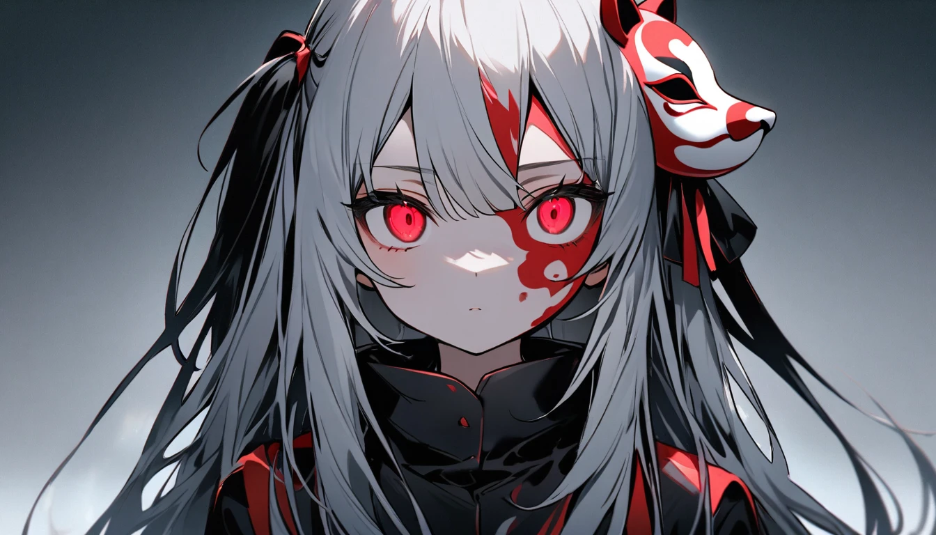 Girl Characters。gray hair color、Glowing red eyes、Long Hair、There is a mole under the left eye。Without background、people物のみを描写してください。Wearing a monkey mask。1people。Upper Body