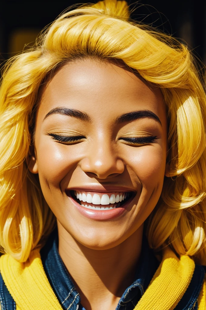 A vibrant, happy face emoji, bright yellow, wide smile, eyes closed in joy, high contrast