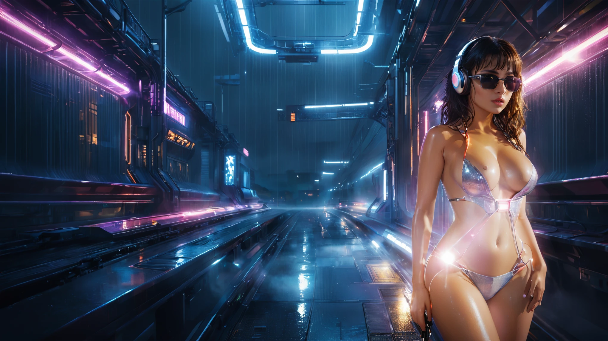 (((aerial view))), Blade Runner style futuristic railway platform, hi-tech train, neon lights, rainy night. (1girl, solo, alone), large-breast:1.2 slim body, cleavage:1.1, sexy lingerie with wet jacket, headphone, (black sunglasses), (((she raised a pistol:1.8 and shot:1.8 the viewer))), dynamic pose, (((half-body thigh level medium shot))), cinematic lighting, lens flare, ray tracing, blurred:1.4 background.