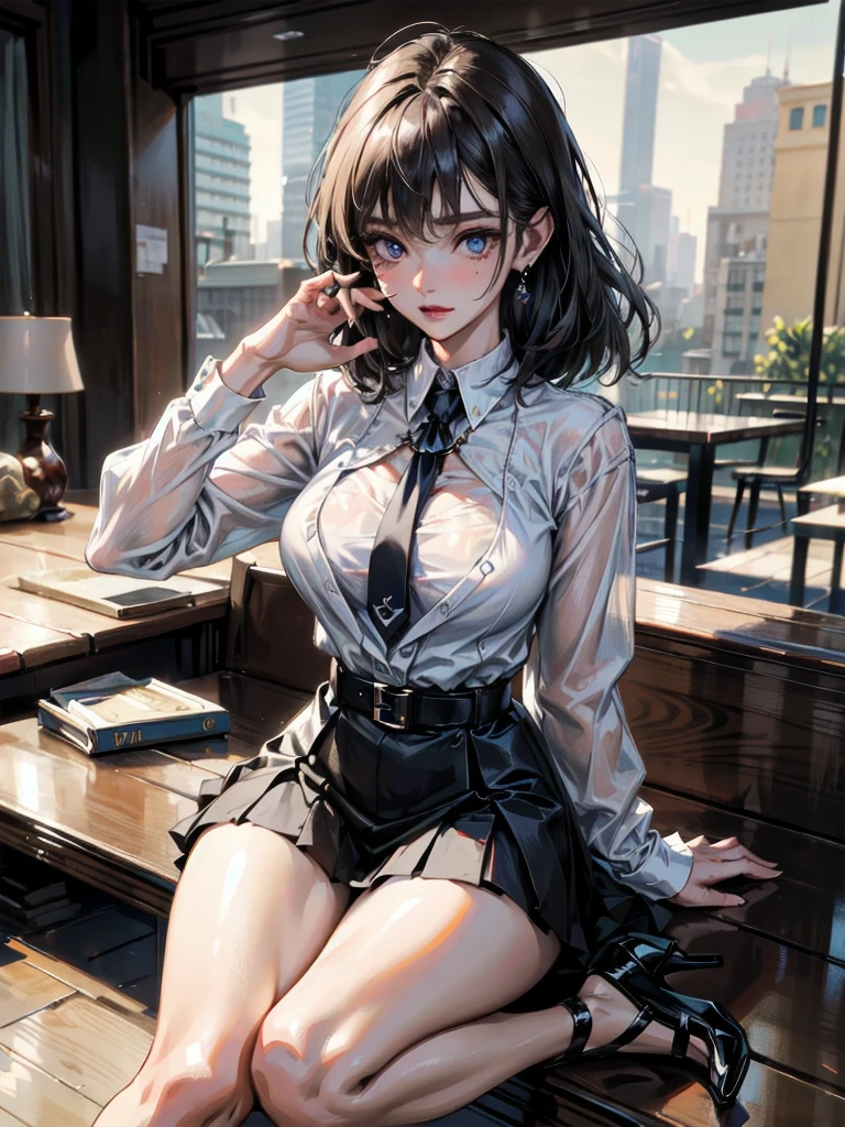 absurdres, RAW photo, extremely delicate and beautiful, masterpiece, Best Quality, ultra high resolution, 32k, hyperrealistic, ultra-detailed, perfect anatomy, anatomically correct, perfect figure, Perfect Style, Perfect balance, super Detailed skin, in her 20s, very Slim body, narrow waist, very small head, very small face, delicate facial features, handsome detailed woman, very detailed eyes and face, realistic face proportions, Realistic beautiful face, Realistic beautiful eyes, tearful mole, earring, very huge round breasts, whole body shot, whole legs, medium hair, asymmetrical hair, indoor, stockings, high heels, necklace, knitted shirt, skirt, tie,