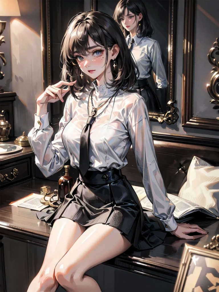 absurdres, RAW photo, extremely delicate and beautiful, masterpiece, Best Quality, ultra high resolution, 32k, hyperrealistic, ultra-detailed, perfect anatomy, anatomically correct, perfect figure, Perfect Style, Perfect balance, super Detailed skin, in her 20s, very Slim body, narrow waist, very small head, very small face, delicate facial features, handsome detailed woman, very detailed eyes and face, realistic face proportions, Realistic beautiful face, Realistic beautiful eyes, tearful mole, earring, very huge round breasts, whole body shot, whole legs, medium hair, asymmetrical hair, indoor, stockings, high heels, necklace, knitted shirt, skirt, tie, 