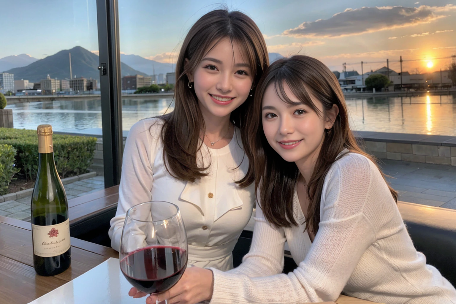 ((Highest quality、8k、masterpiece:1.3))、1 male 1 female,42 years old 39 years old、Slim Beauty、Beautiful couple、Upper Body、smile、 (Slim face), (The body is スリム), (Brown Hair), (Shortcuts), テーブルのフルコースディナーとwine glass、Amazing view of the sunset sky and clouds、smileの美しさ、Wine bottle、sparkling wine、Long sleeve shirt、dress、White wine, red wine, wine glass, Beautiful fine grain, Depth f/2,saturation, High Contrast, Strong light and shadow,Moist Body:1.5、 texture、The hair is very shiny、