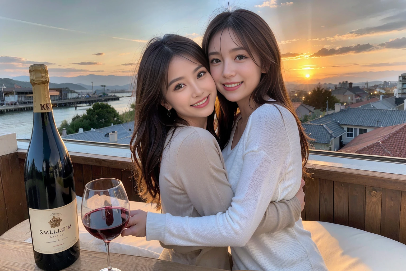 ((Highest quality、8k、masterpiece:1.3))、1 male 1 female,42 years old 39 years old、Slim Beauty、Beautiful couple、Upper Body、smile、 (Slim face), (The body is スリム), (Brown Hair), (Shortcuts), テーブルのフルコースディナーとwine glass、Amazing view of the sunset sky and clouds、smileの美しさ、Wine bottle、sparkling wine、Long sleeve shirt、dress、White wine, red wine, wine glass, Beautiful fine grain, Depth f/2,saturation, High Contrast, Strong light and shadow,Moist Body:1.5、 texture、The hair is very shiny、