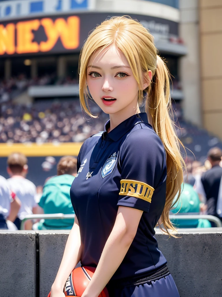 (Highest quality、8k、32K、masterpiece)、(Realistic)、(Realistic:1.2)、(High resolution)、Very detailed、Very beautiful face and eyes、1 girl、Round and small face、Tight waist、Delicate body、(close、Highest quality、Attention to detail、Rich skin detail)、(Highest quality、8k、Oil paints:1.2)、(Realistic、Realistic:1.37)、Bright colors、(((blonde)))、(((Cowboy Shot)))、(((Long Hair)))、(((ponytail)))、(((Football Stadium)))、(((Enthusiastic audience)))、(((Open your mouth)))、(((Laughter)))、(((blonde)))、(((Soccer uniforms)))、(((青と白のSoccer uniforms)))、(((There are no lines on the sleeves)))、(((Short sleeve uniform)))