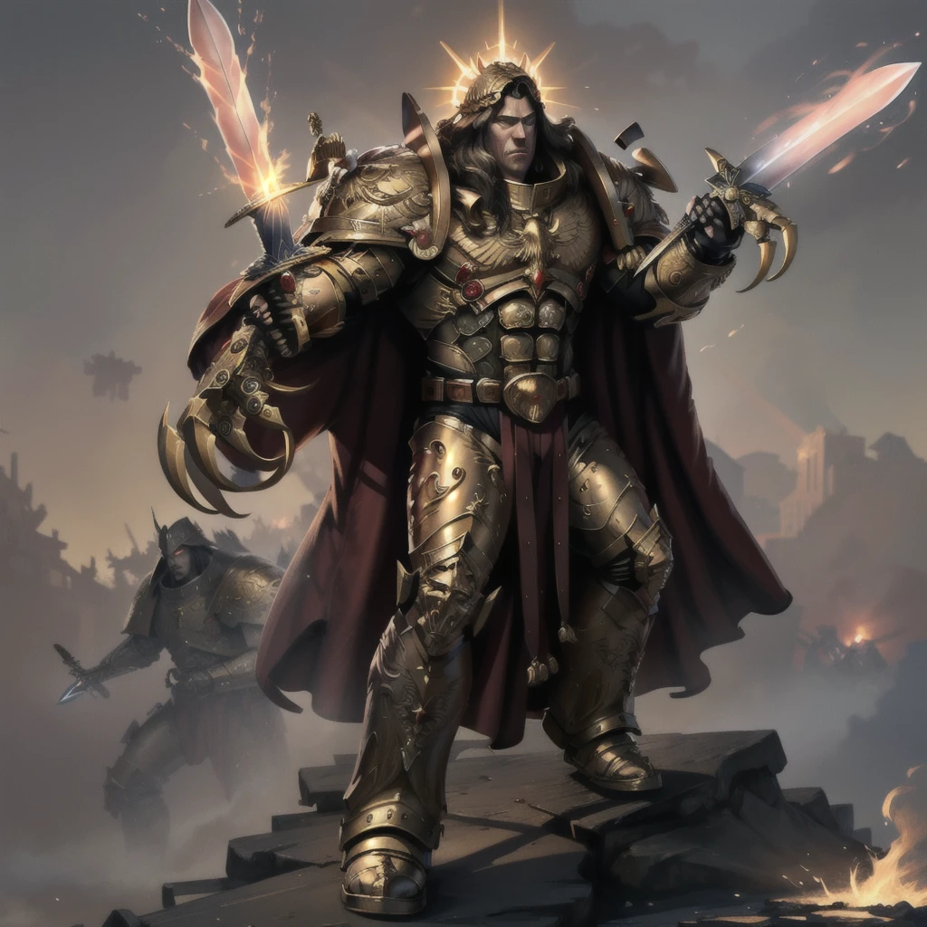 mature adult, illustration, beautiful detailed eyes, best quality, highly detailed, masterpiece, ultra-detailed, illustration, long hair, olive skin, full armor, muscular, god-like physique, golden armor, glowing golden aura, highly-ornamented golden armor, gold trimmings, bronze trimmings, cape, laurel crown,
1 man, serious, stern, yellow eyes, EMPEROR OF MANkind, glowing eyes,  full body, battle, ((holding sword, claw(weapon):1.3)),