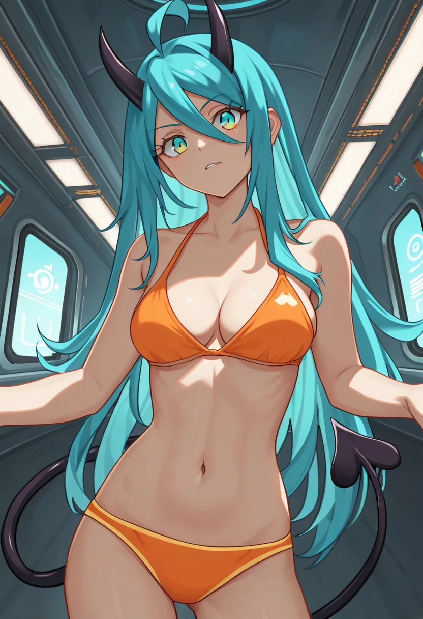 score_9, score_8_up, score_7_up,1 daemon woman, black horns,1 black demon tail, (aquamarine hair),aquamarine green color hair,ahoge, long hair, (long hair),bangs, light orange bikini, bikini is orange, bikini orange, orange bikini!, (aquamarine eyes), background is spaceship, aquamarine eyes, 1woman ,facing viewer, daemon girl, close up,Well-endowed, alone, Spacecraft interior, dynamic pose