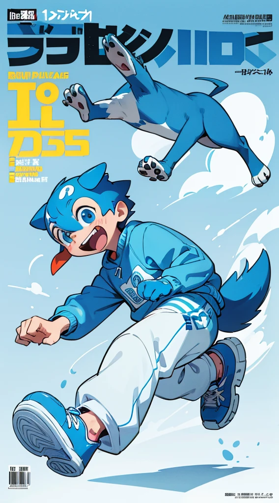 A bright blue dog-themed character, Wearing big sneakers, サイバーパンク, Magazine Cover, Simple Background, Running around, boy, Dog's Tail, raised fist, projected inset, UHD, best quality, highres, 8k