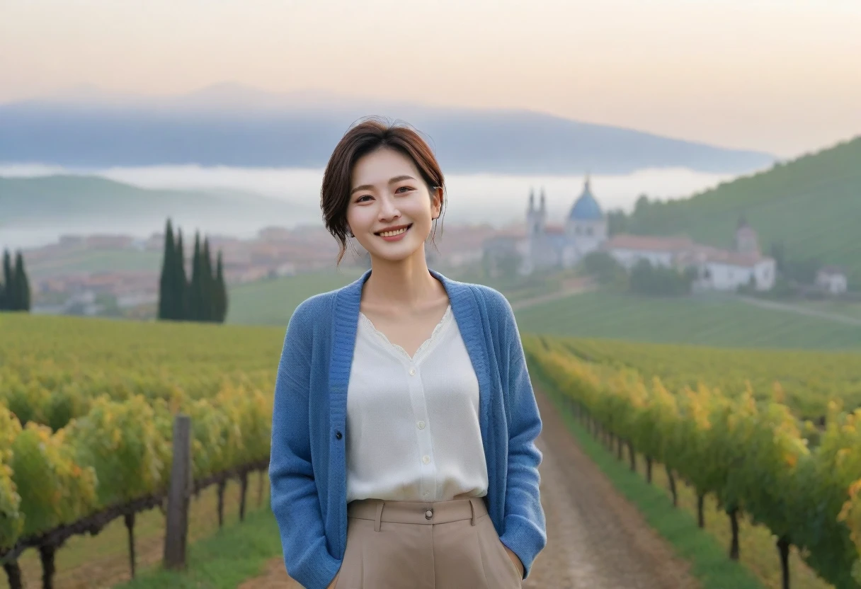 8k best picture quality, Beautiful 36-year-old Korean woman, Chest size 34 inches, Dawn in the early autumn countryside in northern Italy, View of the cathedral next to the vineyards, The back background is realistic and vivid image quality, short medium hair, Wear a shirt and cardigan and casual pants, Smile slightly. the background is clear, looking up the side., Looking at vineyards covered in thick fog from a path on a hill