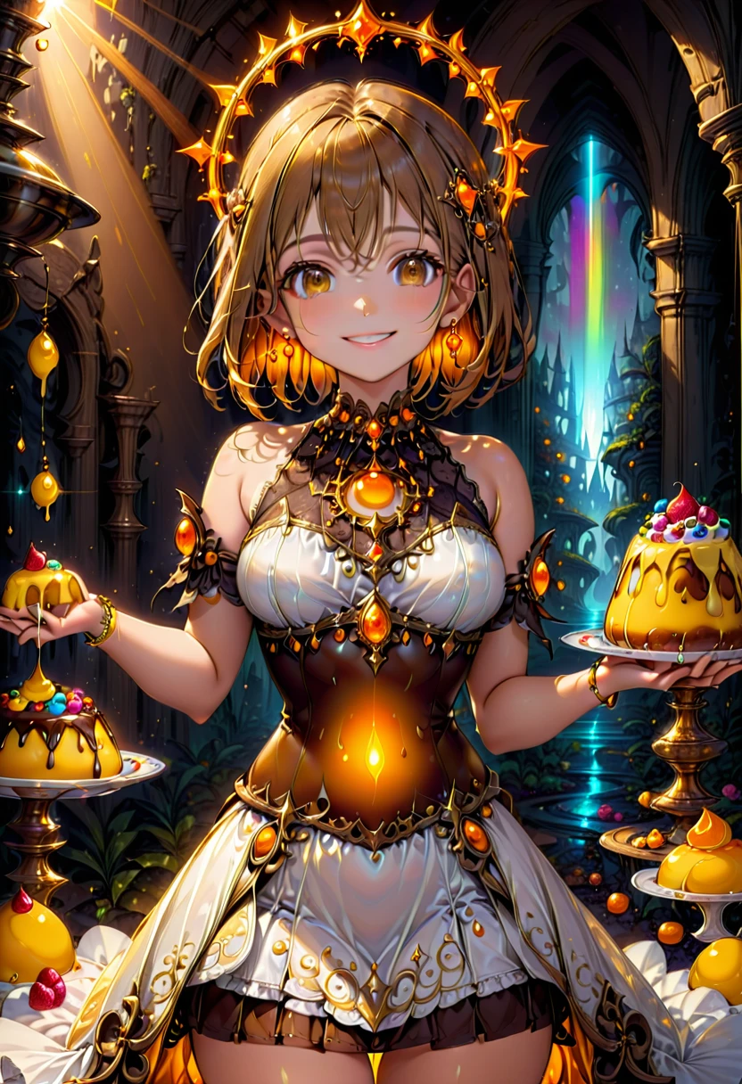 High resolution, high quality, High-resolution model, High detail, Very detailed, (Slim figure:1.3), (Small breasts:1.3), (Thin legs:1.3), (Fantasy atmosphere:1.3), (Waist up shot:1.3), (Have a pudding:1.3), goddess, Girl, Very Short Hair, Straight Hair, smile, Happy face, Brown eyes, Gradient eyes, Front shot, Her hair is brown on top and orange on the bottom., Mysterious Circlet of Light, Neon-like earrings, White dress, mini skirt, Shiny yellow and orange gothic ornaments on the costume, A mysterious ring of light in the background extends off-screen, Mysterious light in the background, The background is yellow, orange and brown, (Artistic background with various sweets as a theme:1.3)