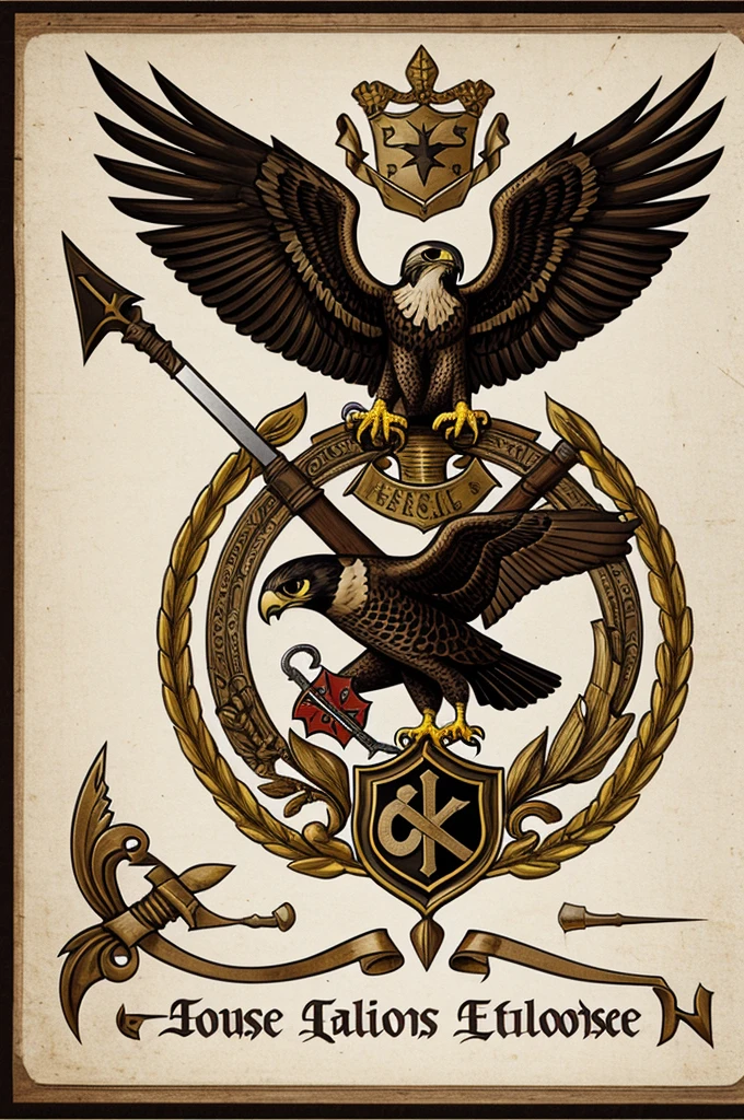 House emblem with a falcon and swords and the letter G