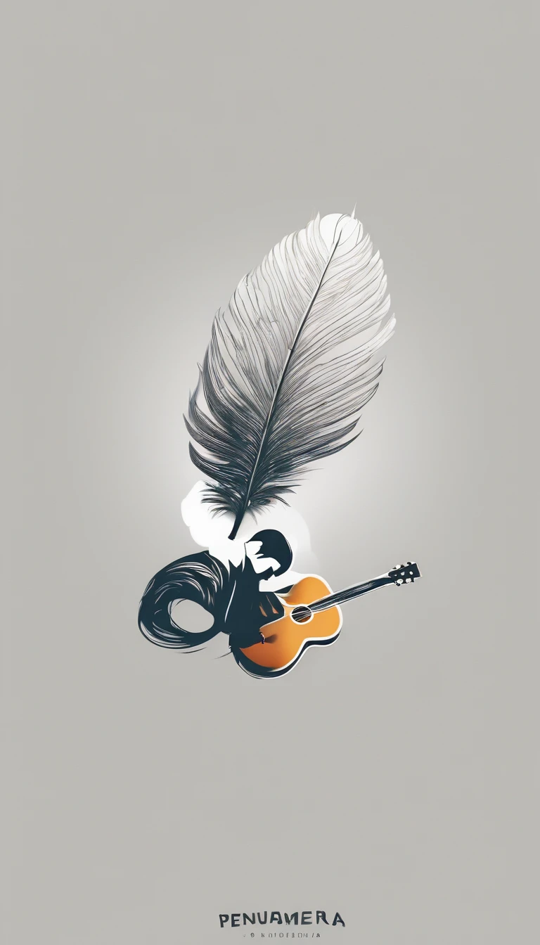 A minimal, modern, simple, cinematic logo design for the storyteller brand “Penamemoria". Create a modern, minimalistic, high-quality, logo of a feather-boy playing acoustic guitar. Make the logo fantastic, unique, modern, simple, minimalistic, dreamy, memorable, nosthalgic, storyteller.